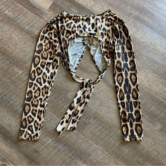 SHEIN Leopard Top Wrap Tie Backless Crop Stretchy Small Party - Picture 4 of 7